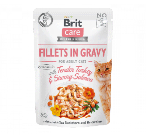 Brit Care Cat Pouches Fillets in Gravy with Tender Turkey & Savory Salmon Enriched with Sea Buckthorn and Nasturtium Delikatny indyk i pikantny łosoś 85 g