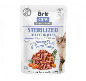 Brit Care Cat Pouch STERILISED Fillets in Jelly with Hearty Duck & Tender Turkey enriched with Carrot & Rosemary Bogata w kaczkę i łagodnego indyka/sterylizowane 85 g